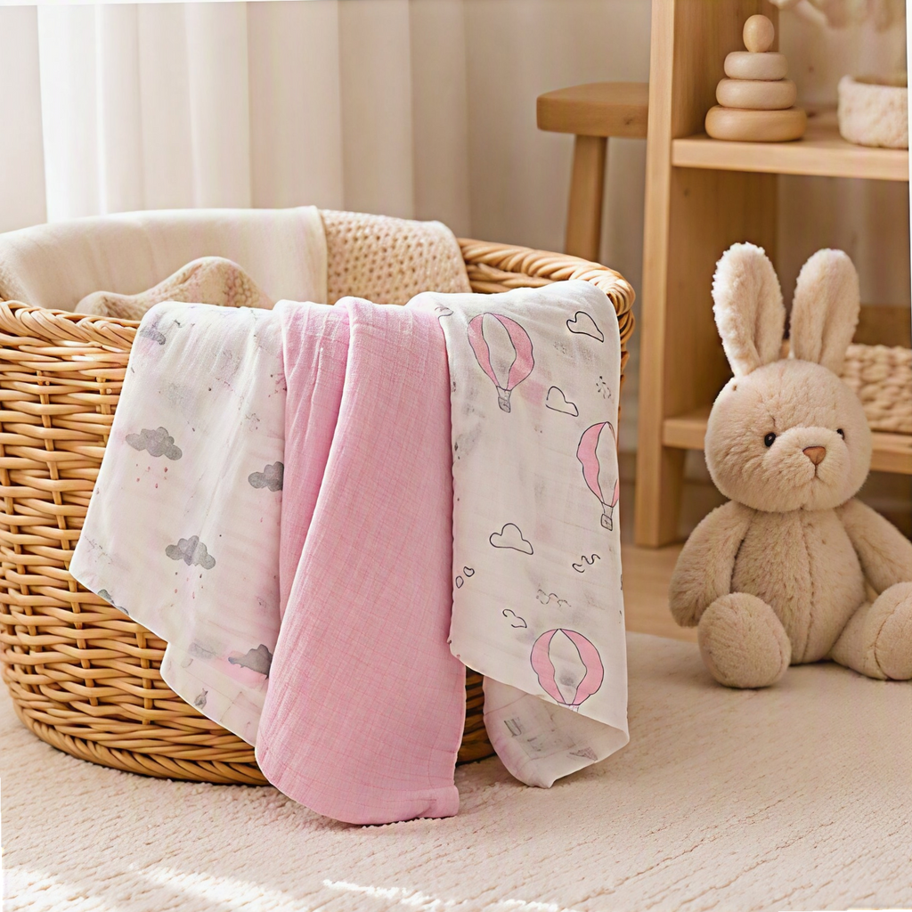 Rosa Set - Mulltücher 3er-Set – 100% Baumwoll-Musselin, 112x112 cm