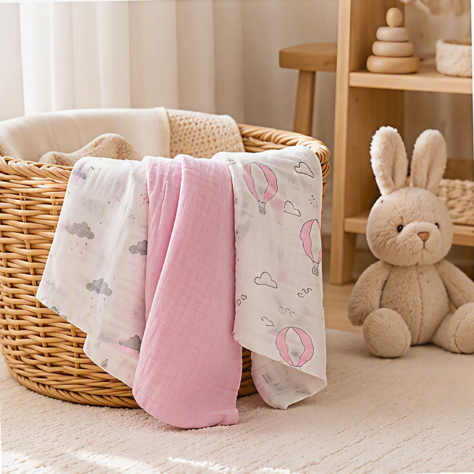 Rosa Set - Mulltücher 3er-Set – 100% Baumwoll-Musselin, 112x112 cm