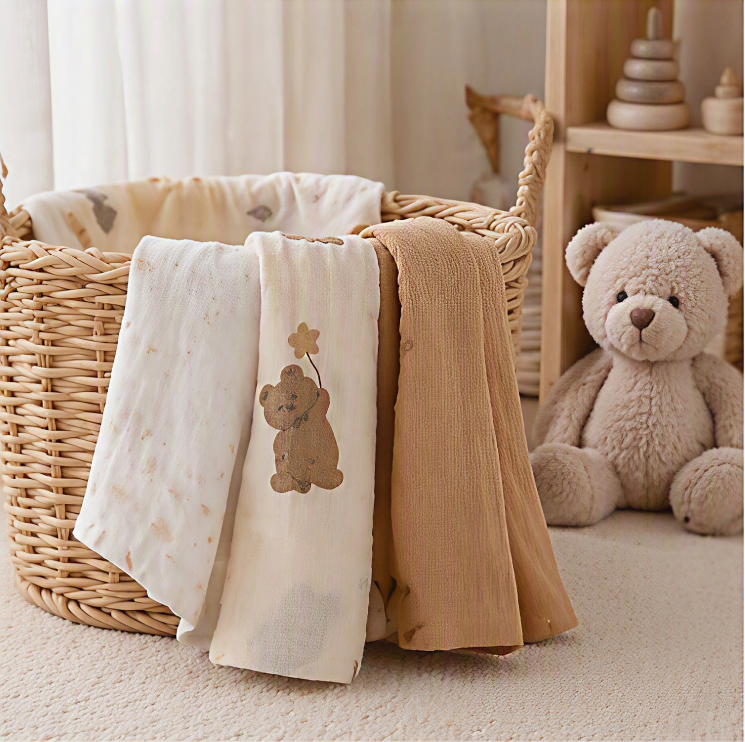 Teddybär Set - Mulltücher 3er-Set – 100% Baumwoll-Musselin, 112x112 cm