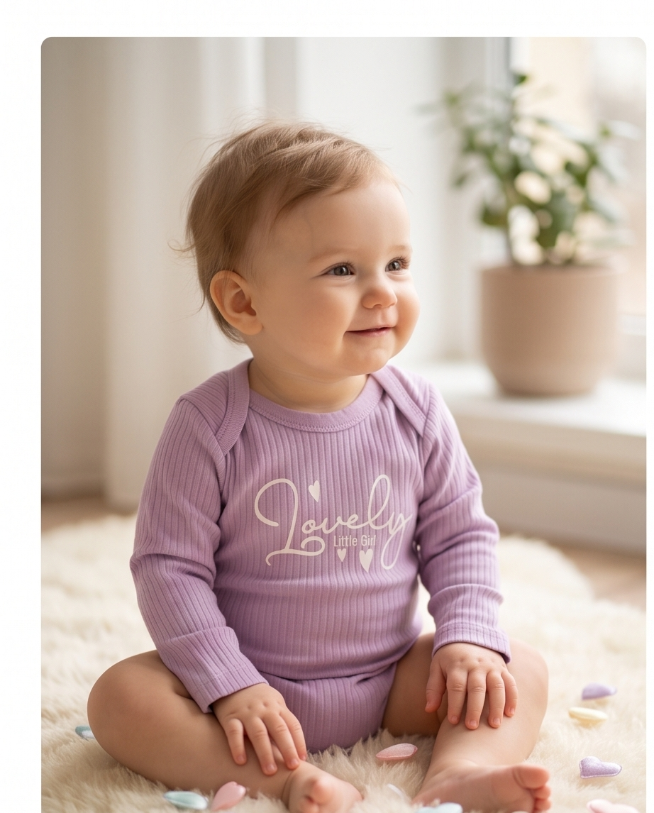 Baby Langarm-Body 3er-Set – Ripp «Lovely Little Girl» (Lila & Rosa)