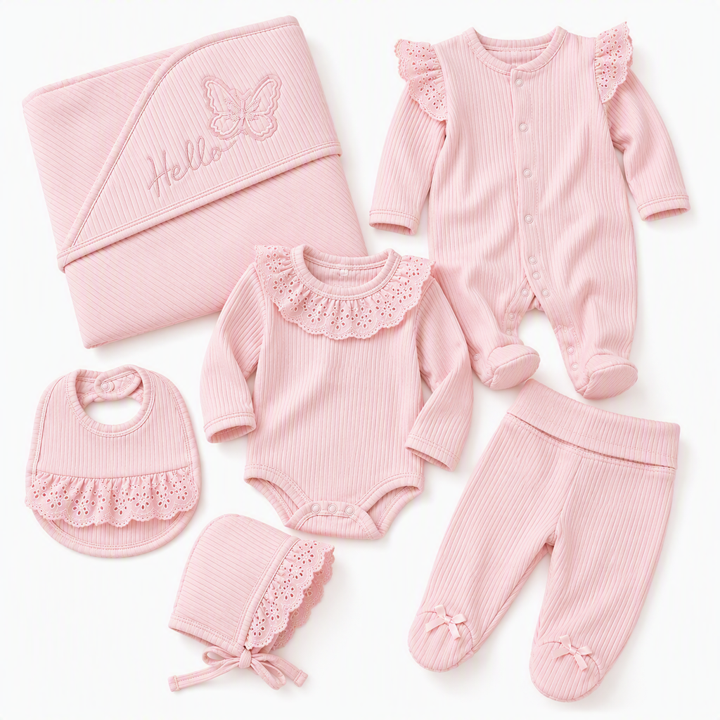 Erstausstattung-Set «Hello» – Rosa, gerippt, mit Spitze, 6-teilig