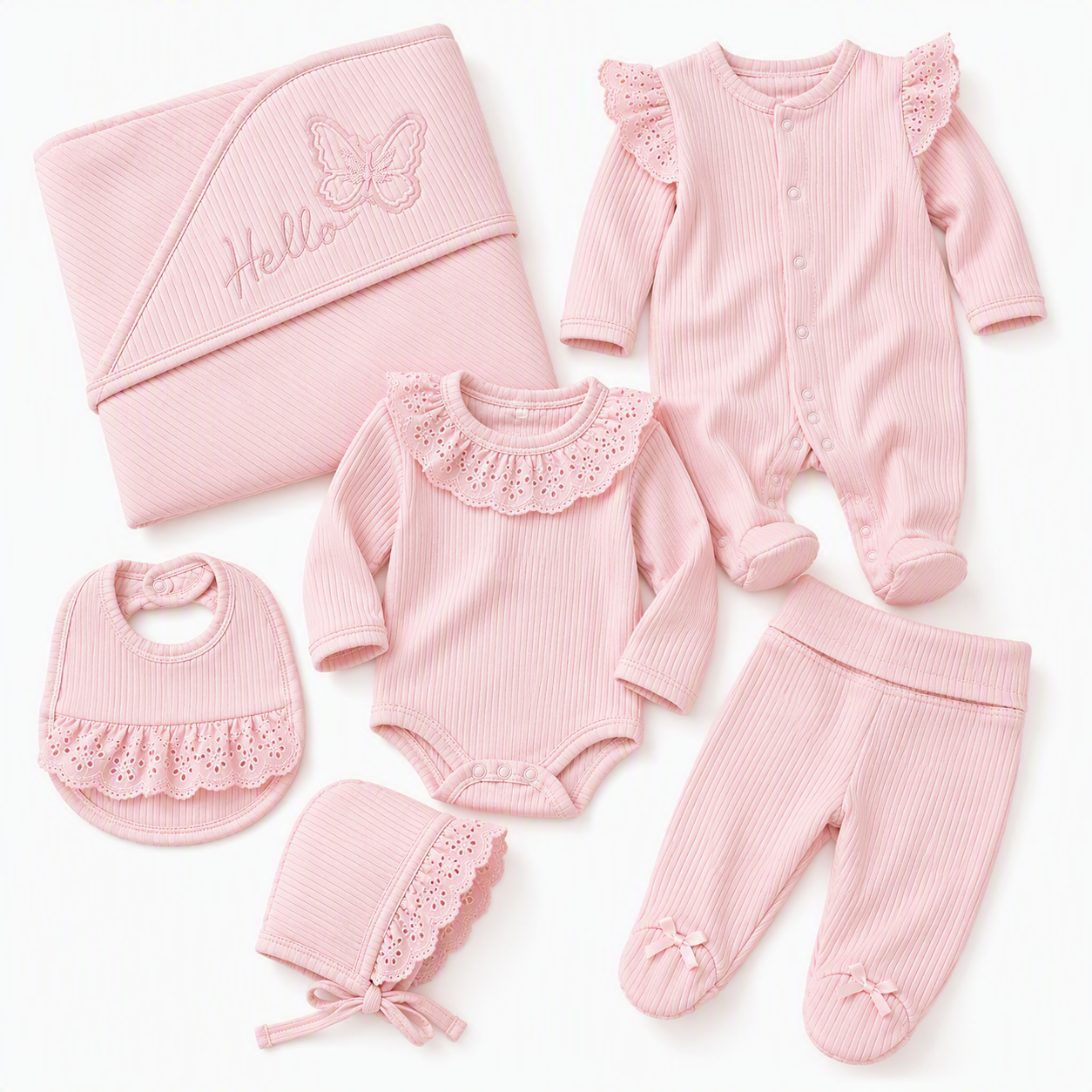 Erstausstattung-Set «Hello» – Rosa, gerippt, mit Spitze, 6-teilig
