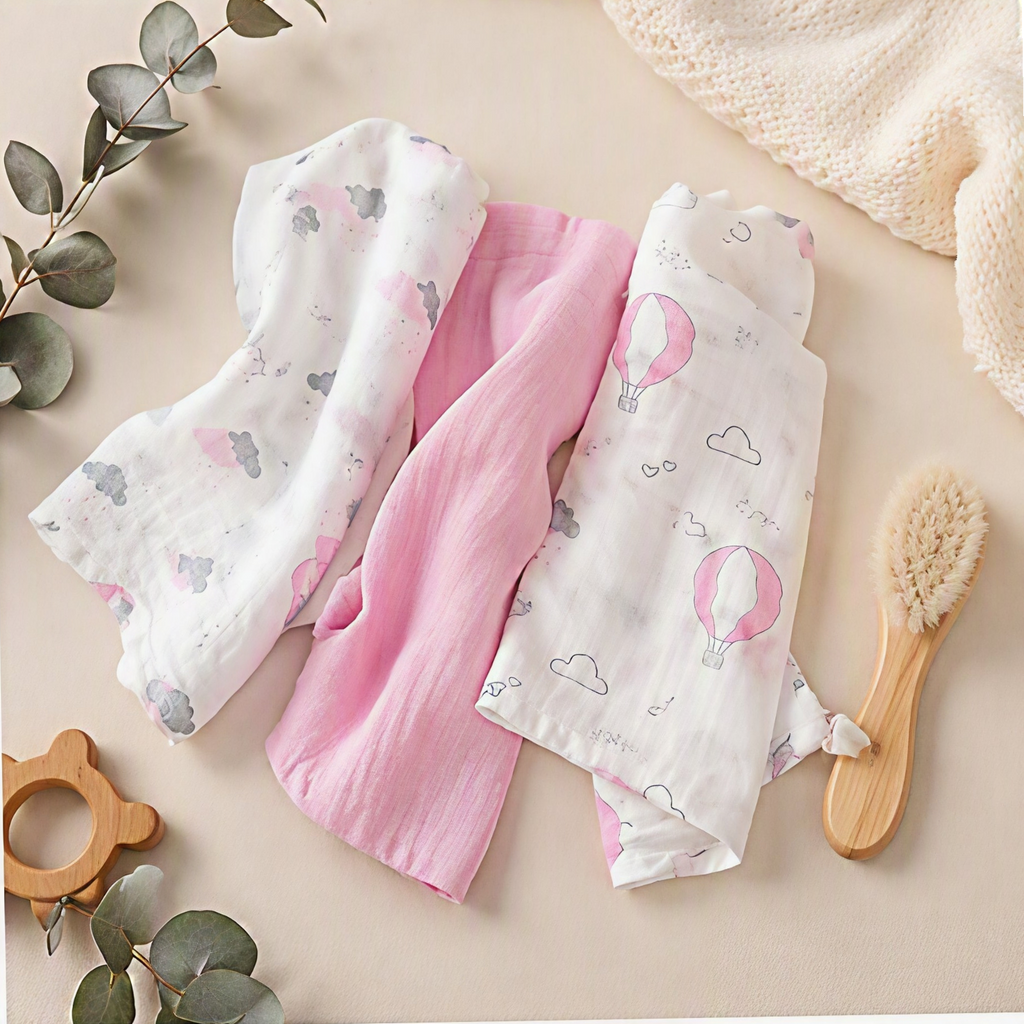Rosa Set - Mulltücher 3er-Set – 100% Baumwoll-Musselin, 112x112 cm