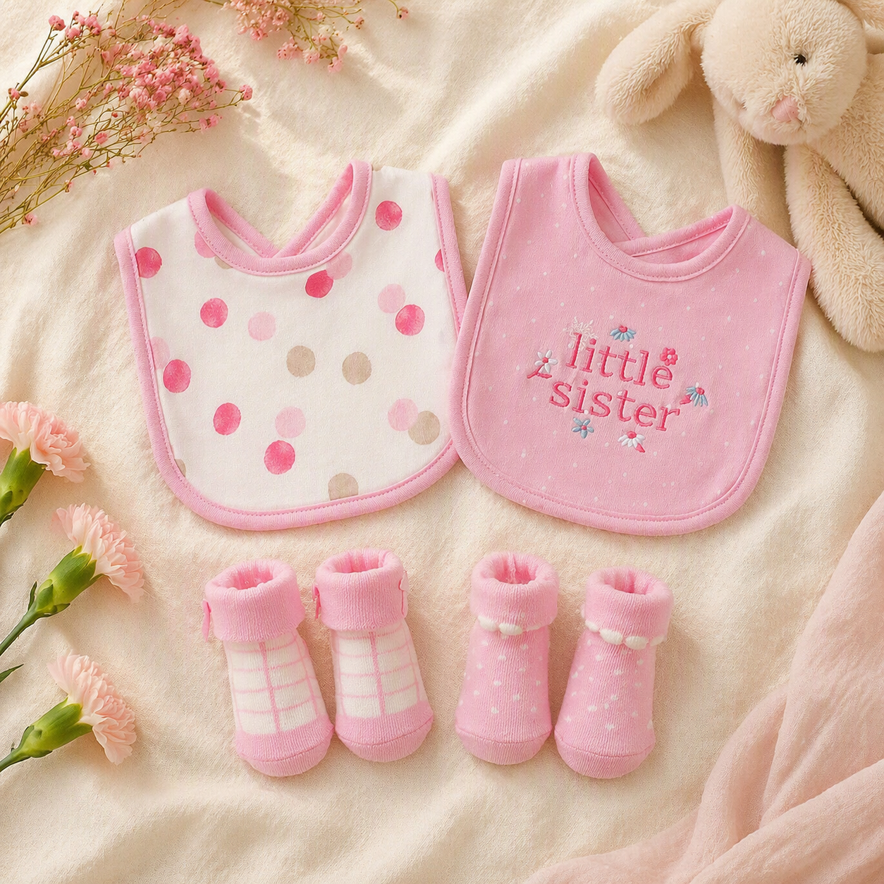 «Little Sister»-Lätzchen & Söckchen Geschenkset – 4-teilig