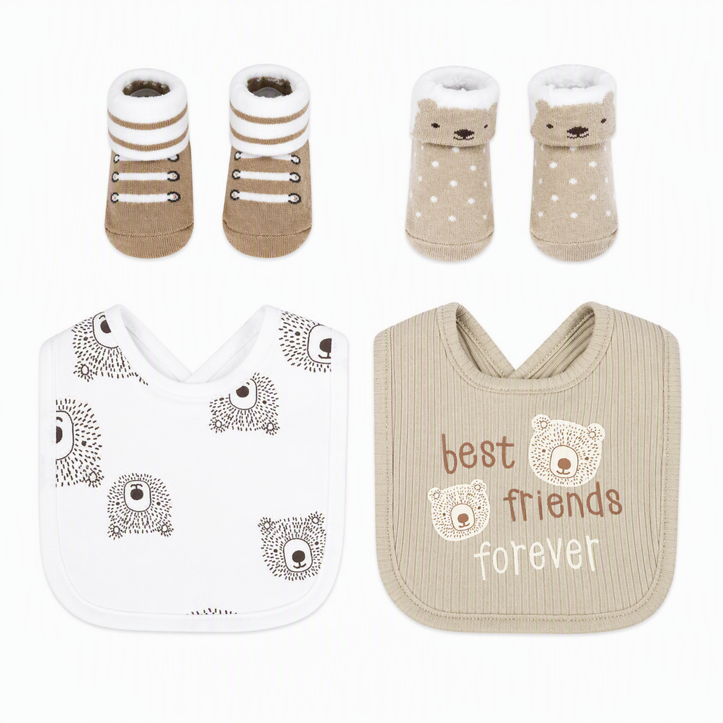 «Beige Teddy 🐻» -Lätzchen & Söckchen Geschenkset – 4-teilig