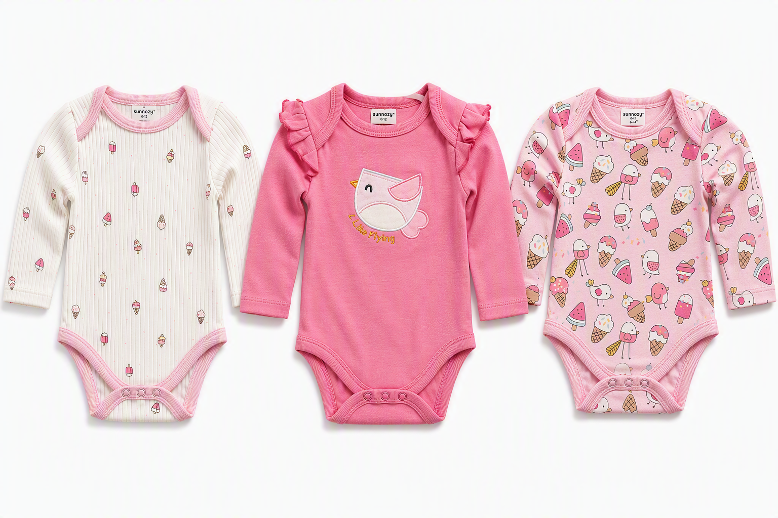 Baby Langarm-Body 3er-Set – «I Like Flying» Vögelchen & Eis (Rosa)