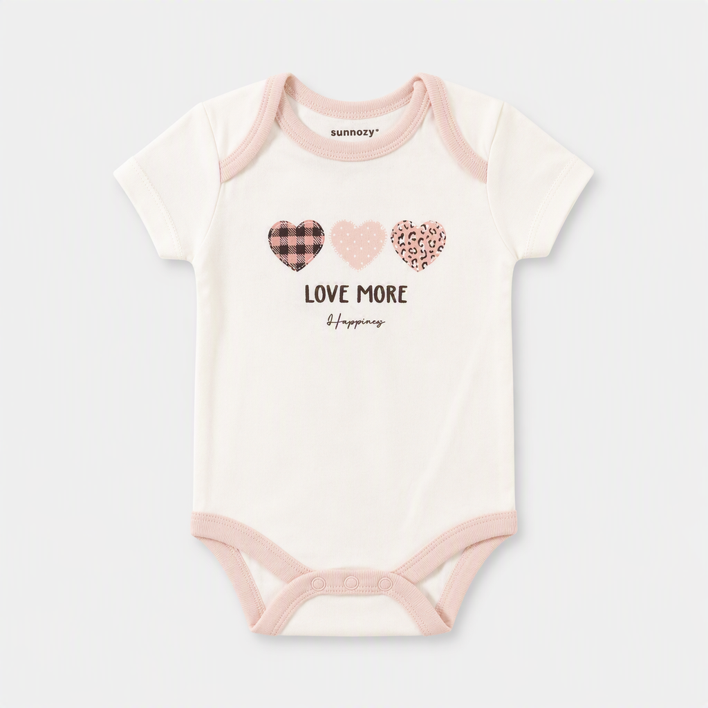 Baby Kurzarm-Body 5er-Set – «Love More» Herzen & Kätzchen (Rosa)