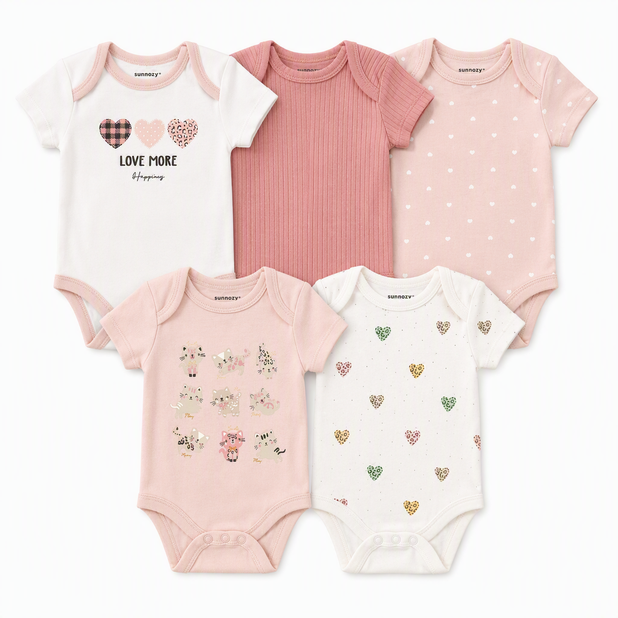 Baby Kurzarm-Body 5er-Set – «Love More» Herzen & Kätzchen (Rosa)