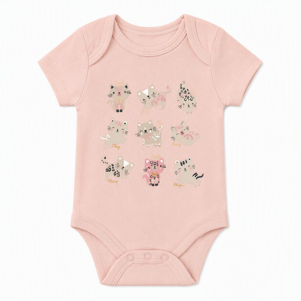 Baby Kurzarm-Body 5er-Set – «Love More» Herzen & Kätzchen (Rosa)