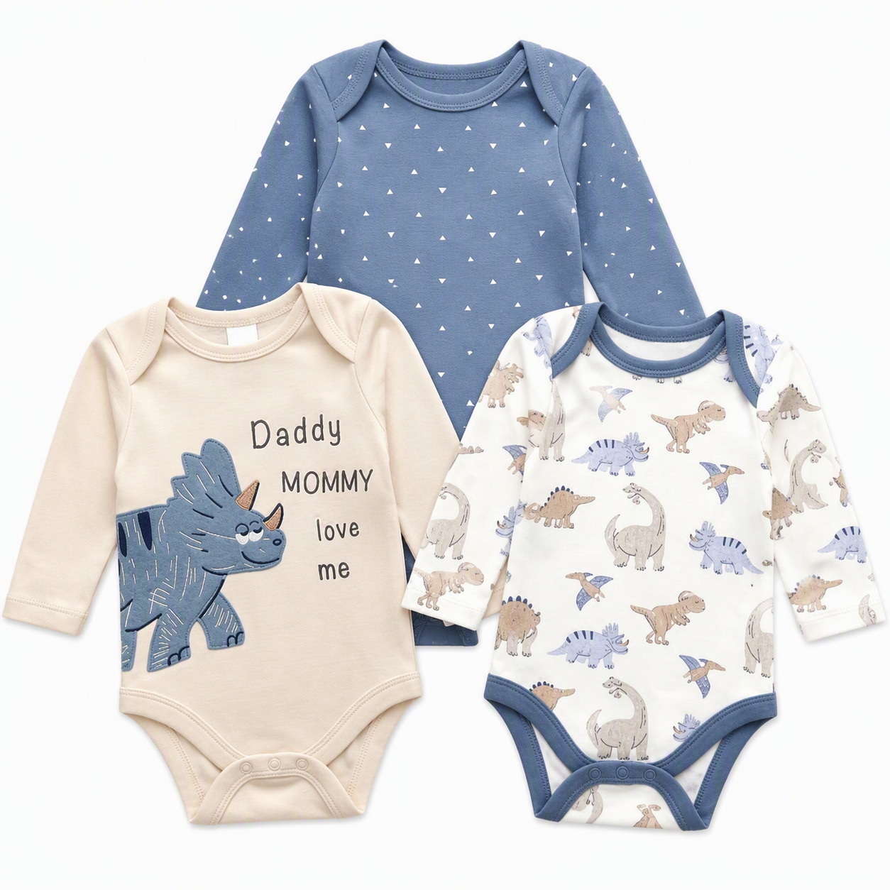 Baby Langarm-Body 3er-Set – Dino «Daddy Mommy love me» (Blau)