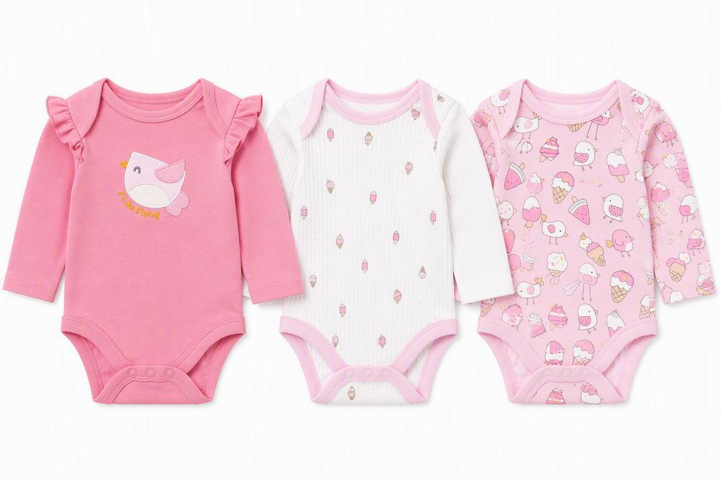 Baby Langarm-Body 3er-Set – «I Like Flying» Vögelchen & Eis (Rosa)