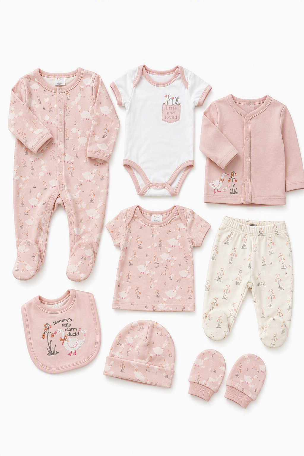 Erstausstattung-Set «Little and Loved» – Rosa Enten, 9-teilig