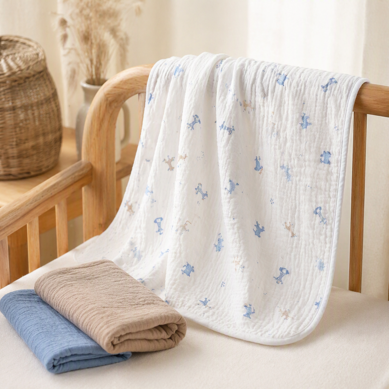 Blaues Mulltücher 3er-Set – 90x100 cm – 100% Baumwoll-Musselin