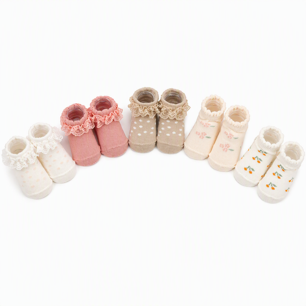 «Spitze &amp; Blümchen»-Baby-Söckchen 5er-Set – 100 % Baumwolle