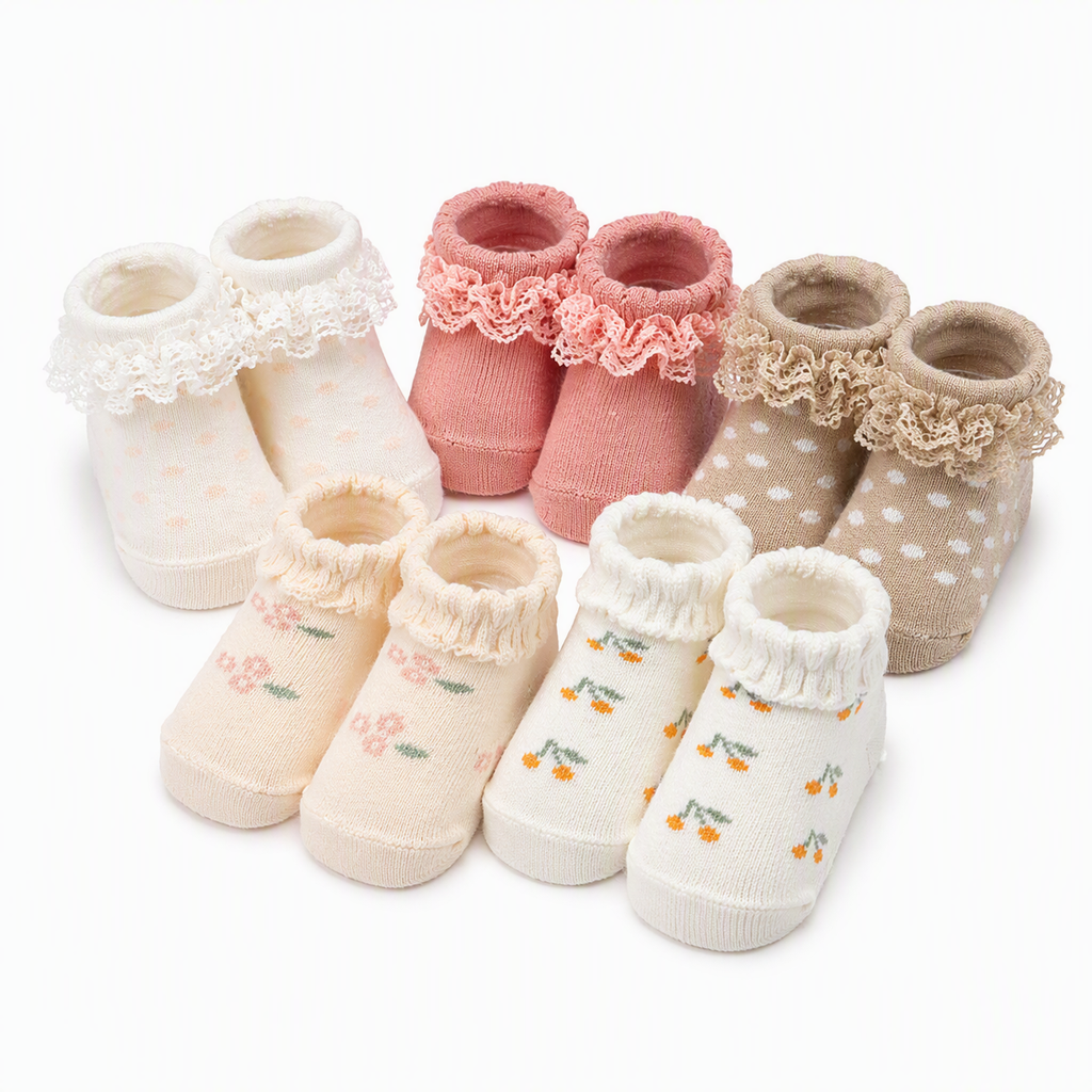 «Spitze &amp; Blümchen»-Baby-Söckchen 5er-Set – 100 % Baumwolle