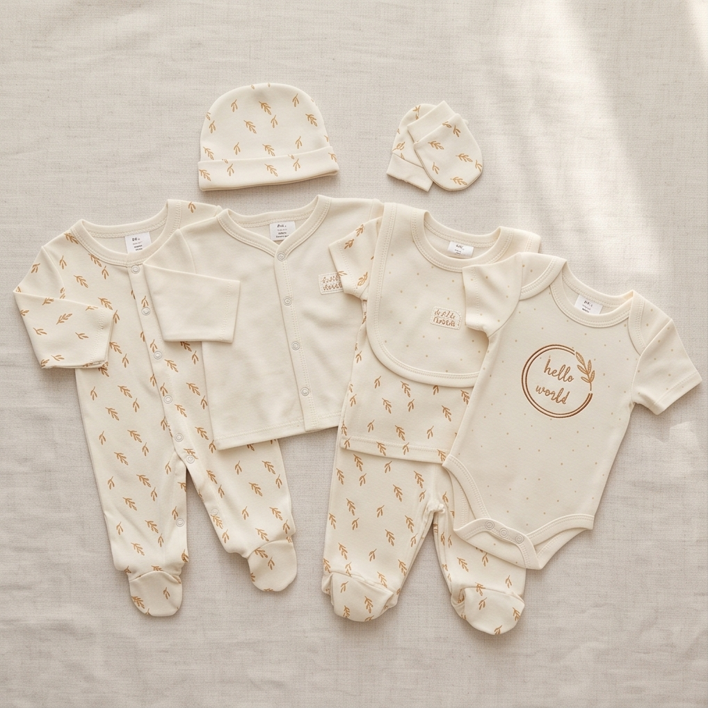 Erstausstattung-Set «Hello World» – Creme, Blätter-Print, 8-teilig