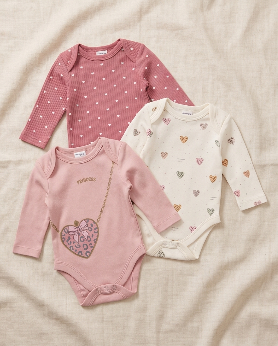 «Princess» Baby Langarm-Body 3er-Set – Rosa mit Herzen- 100% Baumwolle