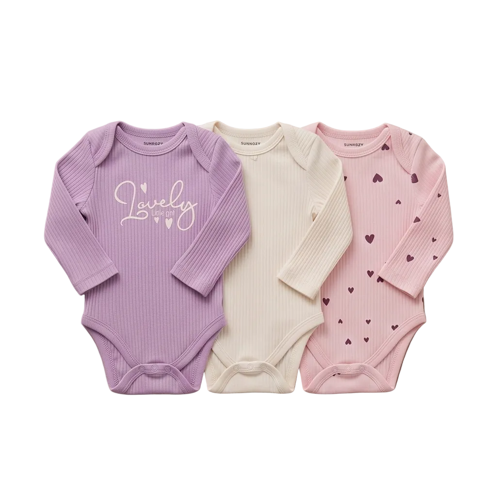 Baby Langarm-Body 3er-Set – Ripp «Lovely Little Girl» (Lila & Rosa)