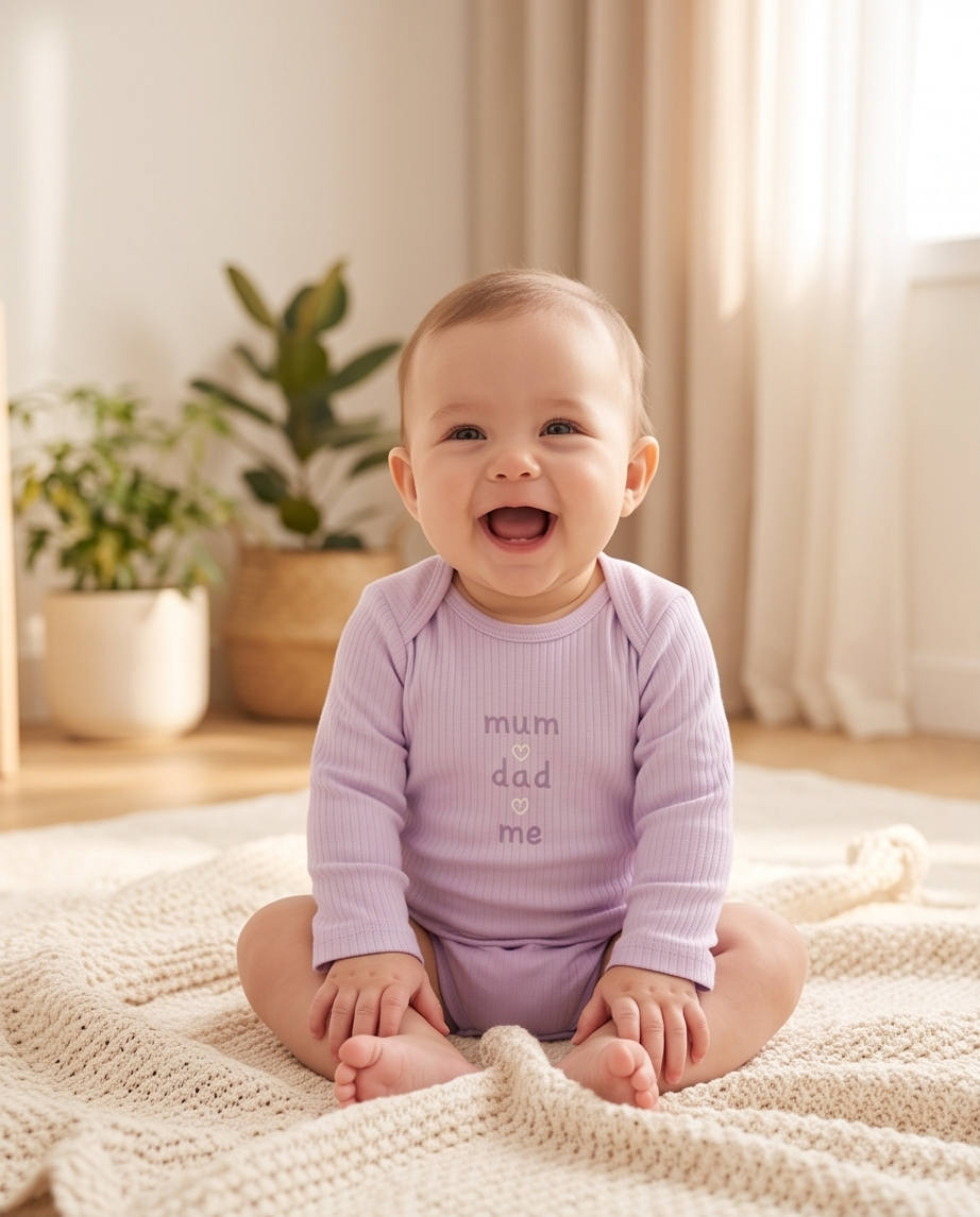 «Mum Dad Me» Baby Langarm-Body 5er-Set – Ripp Pastell (Lila & Blumen)