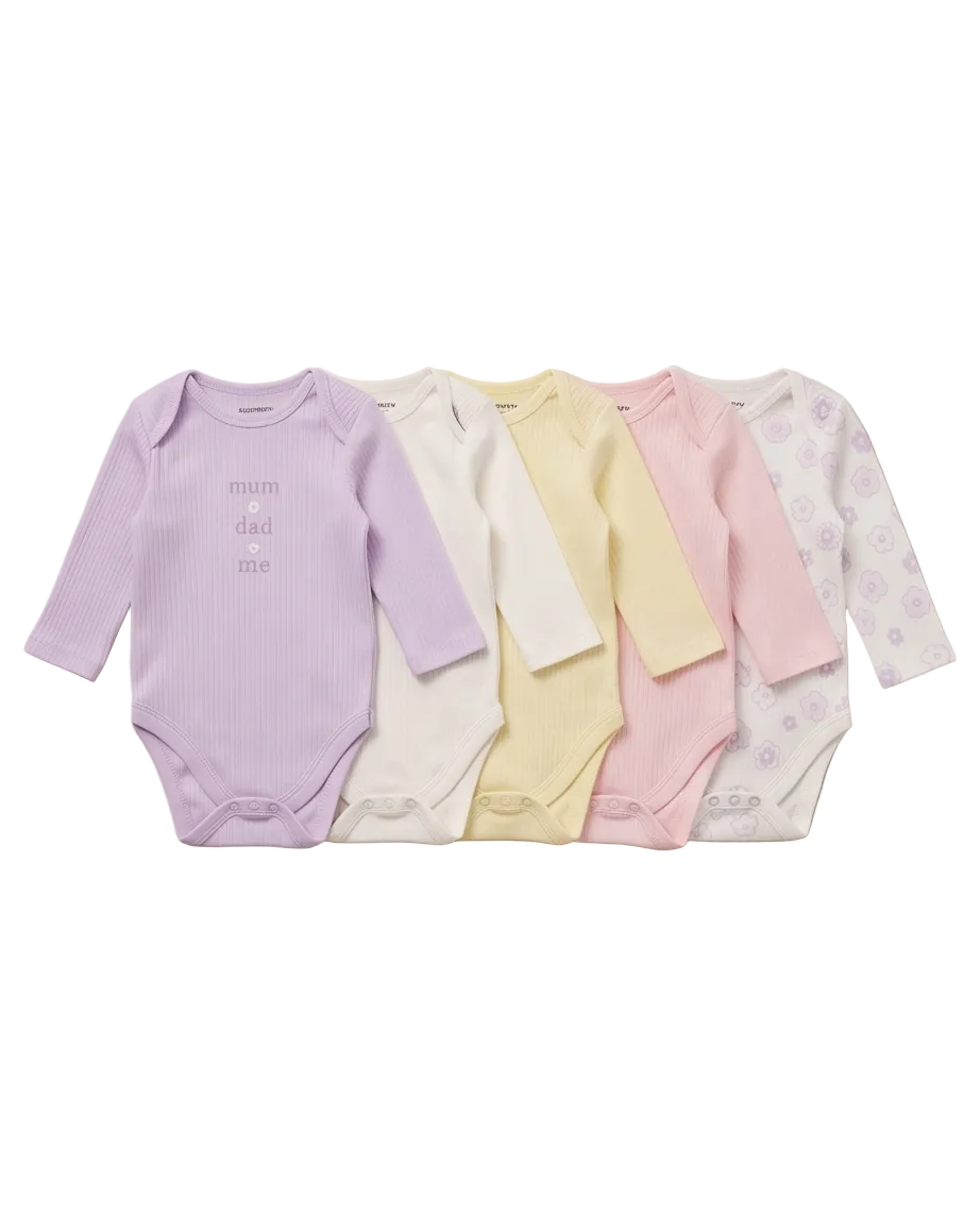 «Mum Dad Me» Baby Langarm-Body 5er-Set – Ripp Pastell (Lila & Blumen)
