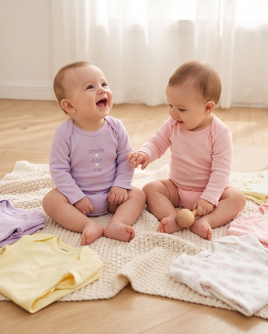 «Mum Dad Me» Baby Langarm-Body 5er-Set – Ripp Pastell (Lila & Blumen)