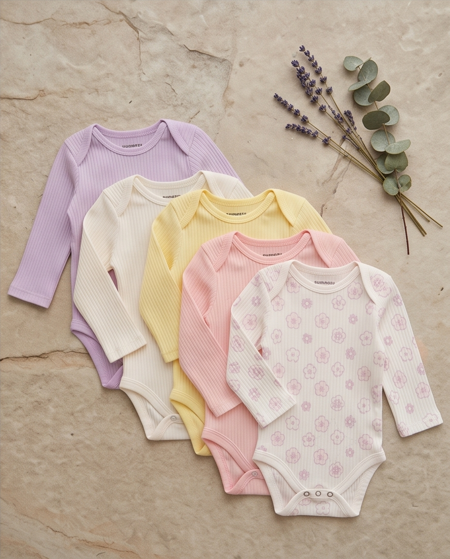 «Mum Dad Me» Baby Langarm-Body 5er-Set – Ripp Pastell (Lila & Blumen)