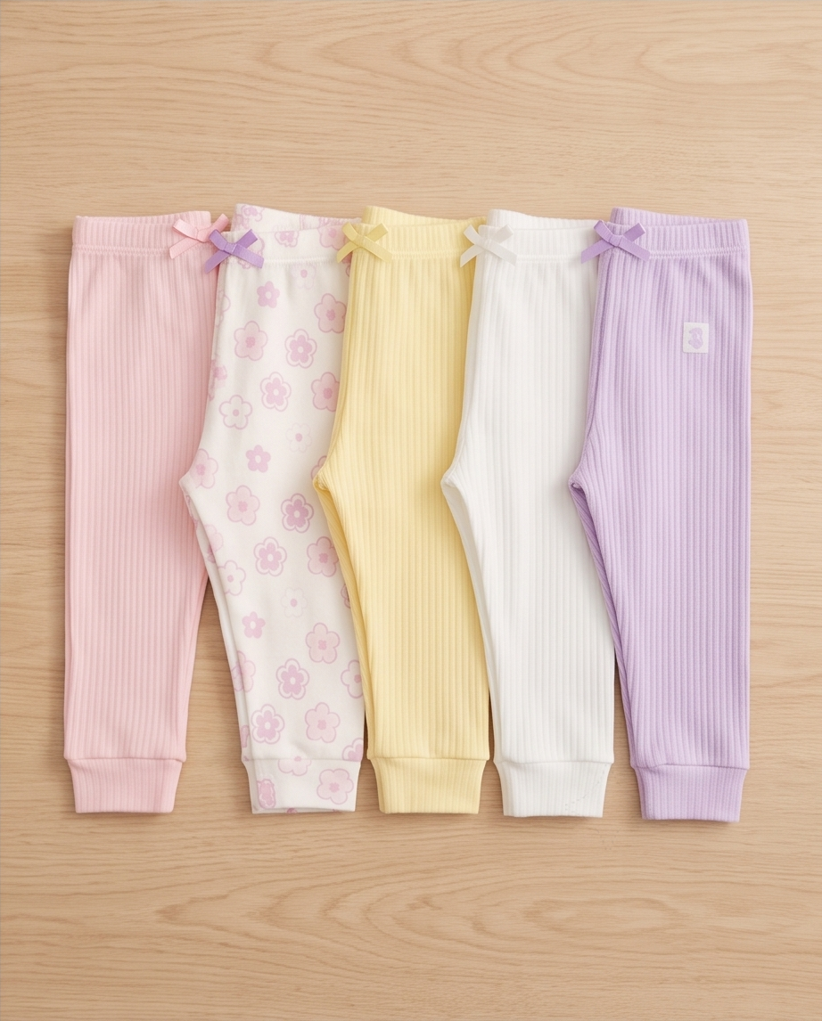 Baby Leggings 5er-Set – Ripp Pastell mit Schleife (Rosa & Blumen)