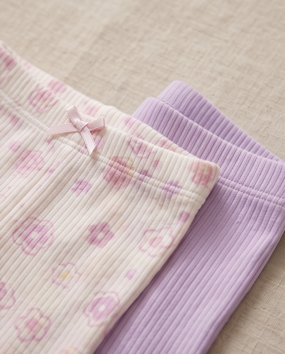 Baby Leggings 5er-Set – Ripp Pastell mit Schleife (Rosa & Blumen)