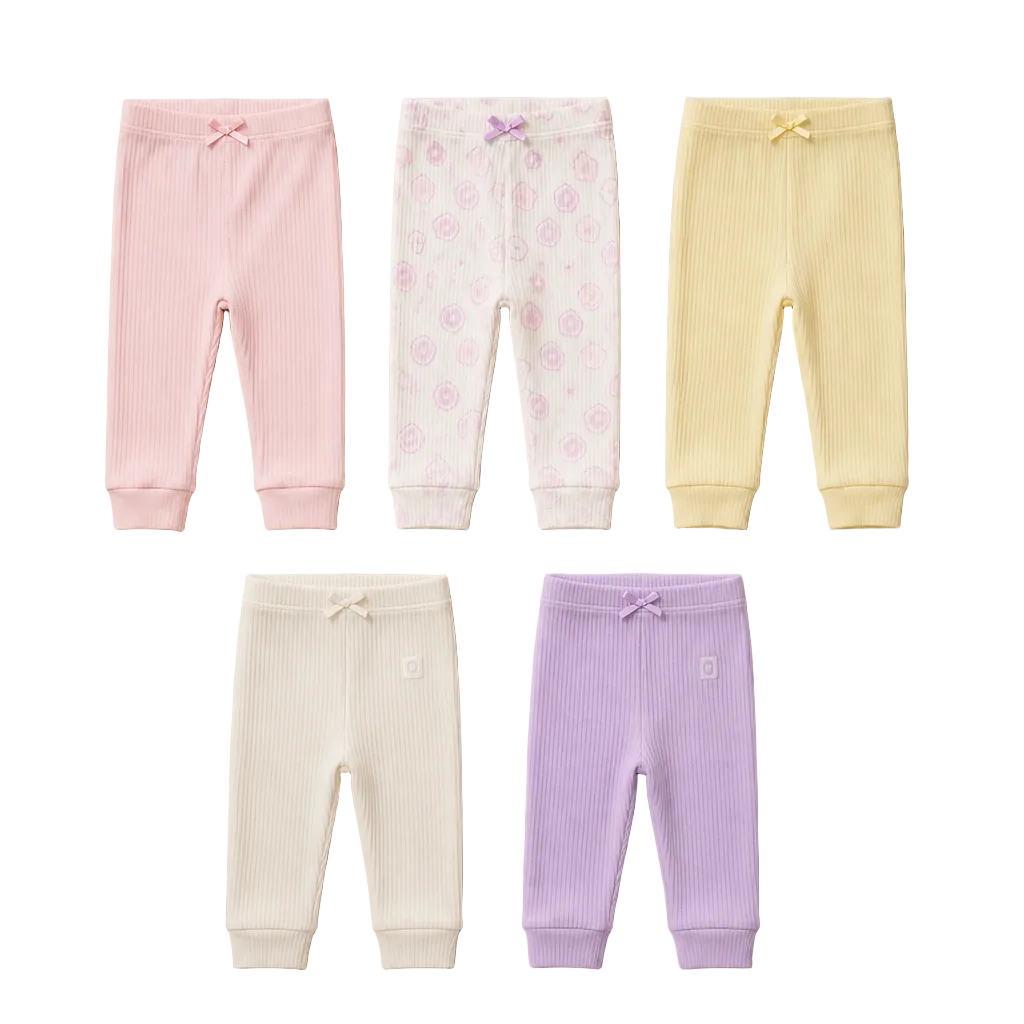 Baby Leggings 5er-Set – Ripp Pastell mit Schleife (Rosa & Blumen)