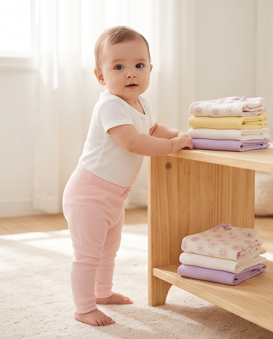 Baby Leggings 5er-Set – Ripp Pastell mit Schleife (Rosa & Blumen)