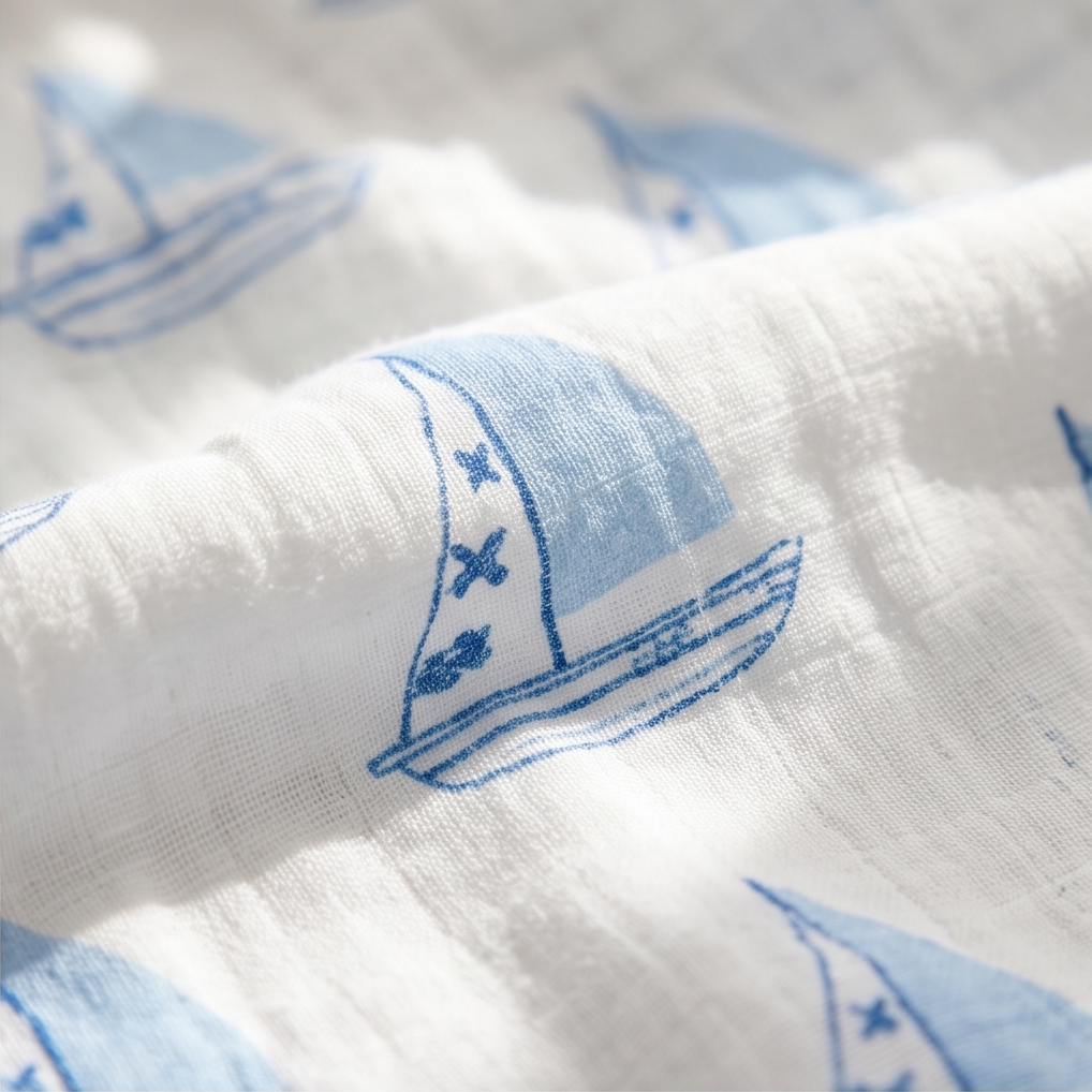 Mulltuch Blau mit maritimem Print – Detailansicht