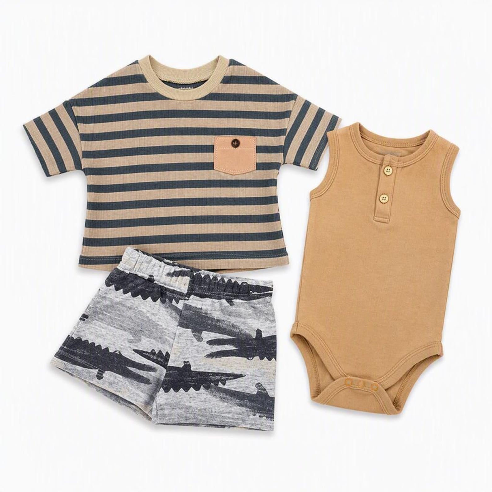 Sommer-Set «Krokodil» 3-teilig T-Shirt Body & Shorts | sunnozy Babykleidung Schweiz