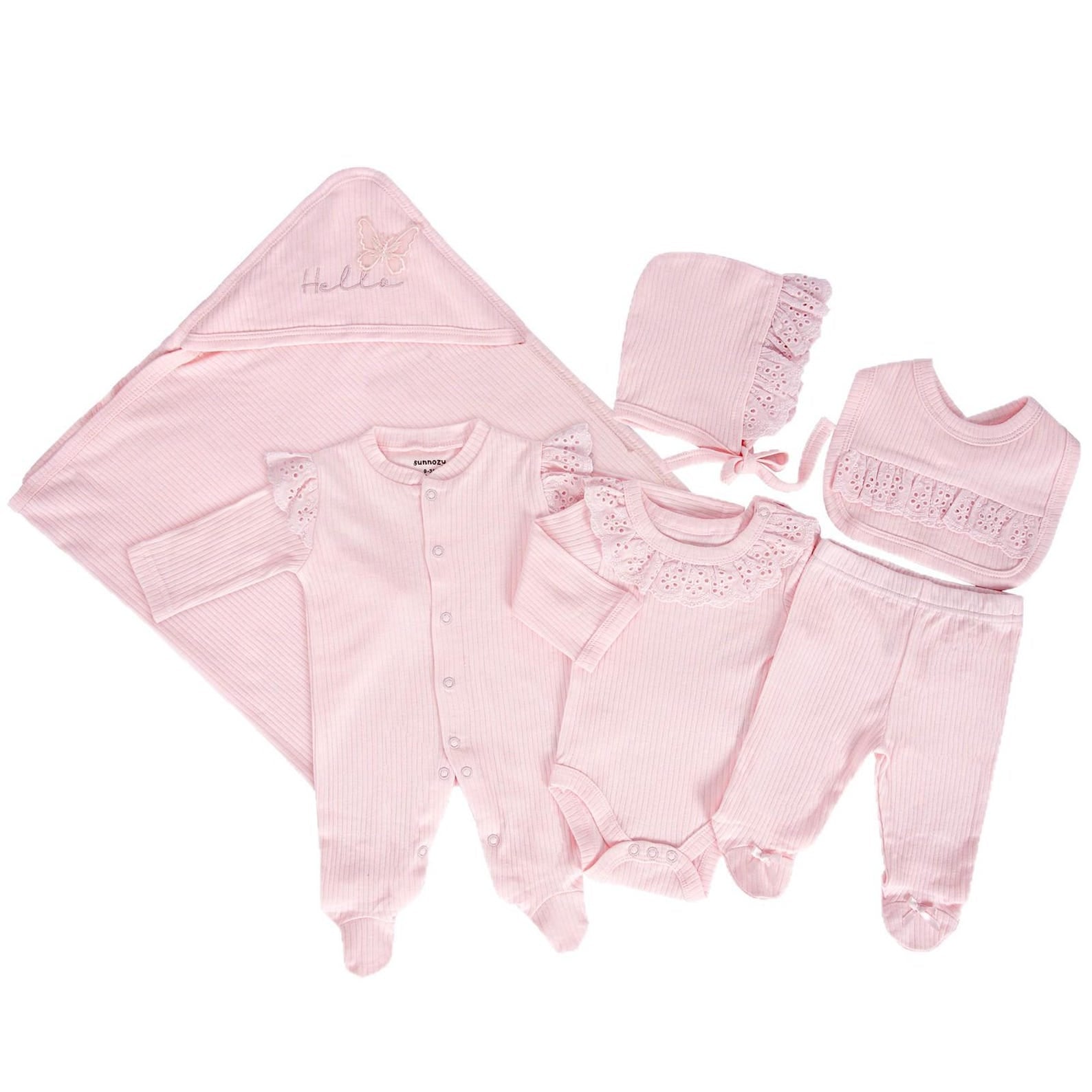 Erstausstattung-Set «Hello» Rosa mit Spitze 6-teilig | sunnozy Babykleidung Schweiz
