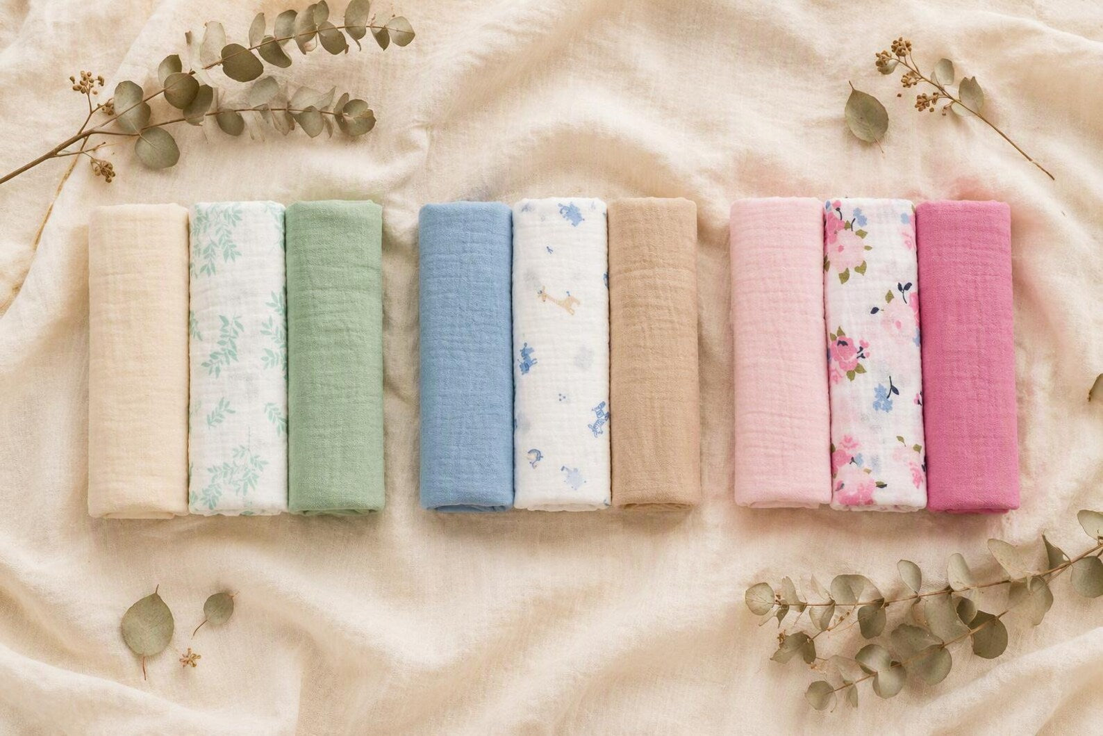 Mulltücher 3er-Set 90x100 cm aus Baumwoll-Musselin in Grün, Blau und Rosa | sunnozy Babykleidung Schweiz