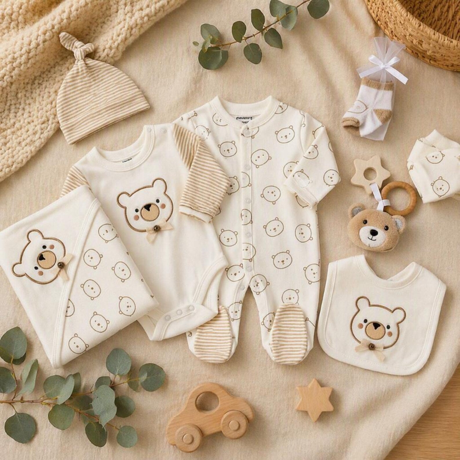 Erstausstattung-Set «Teddybär» Creme 8-teilig | sunnozy Babykleidung Schweiz