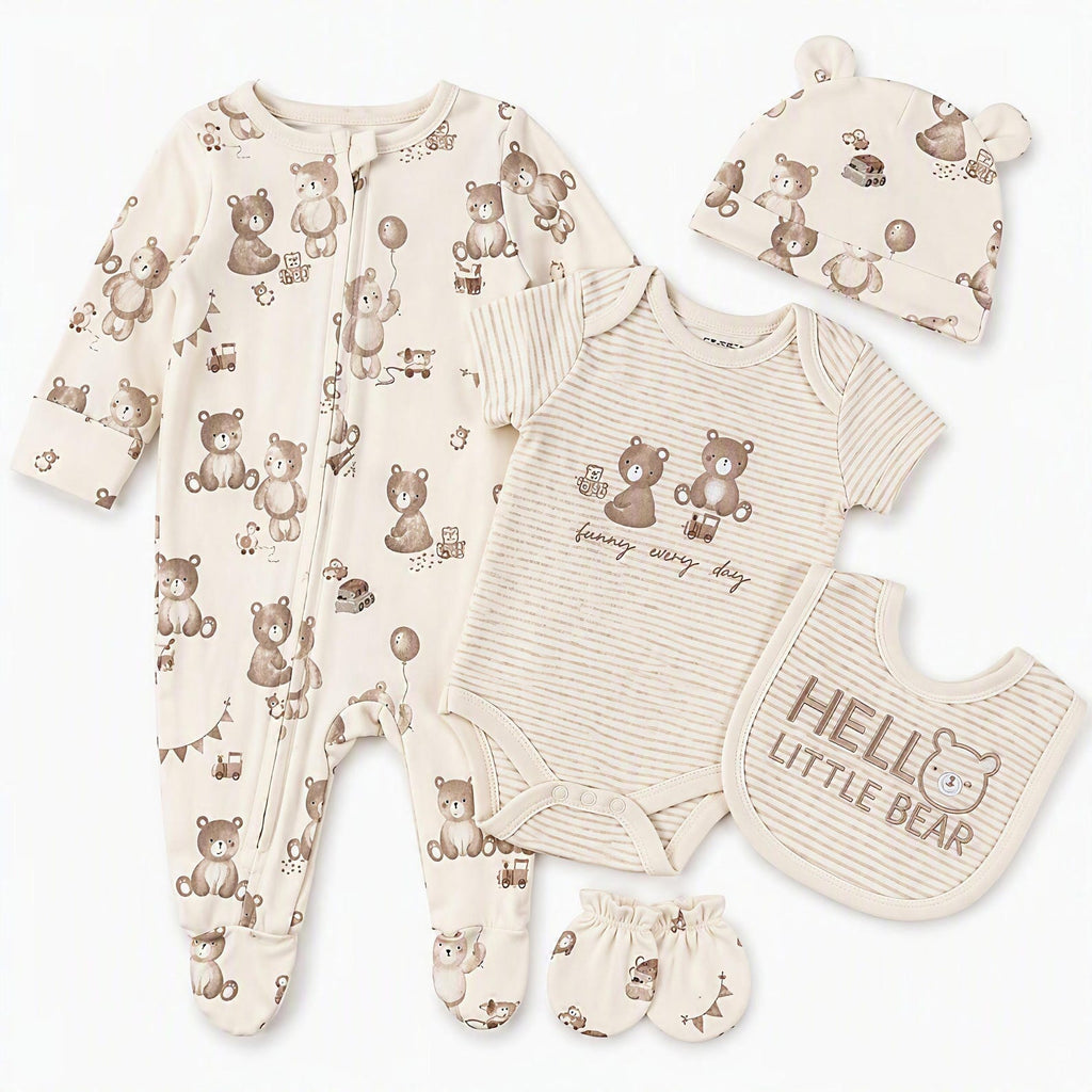 Erstausstattung-Set «Hello Little Bear» Creme 5-teilig | sunnozy Babykleidung Schweiz
