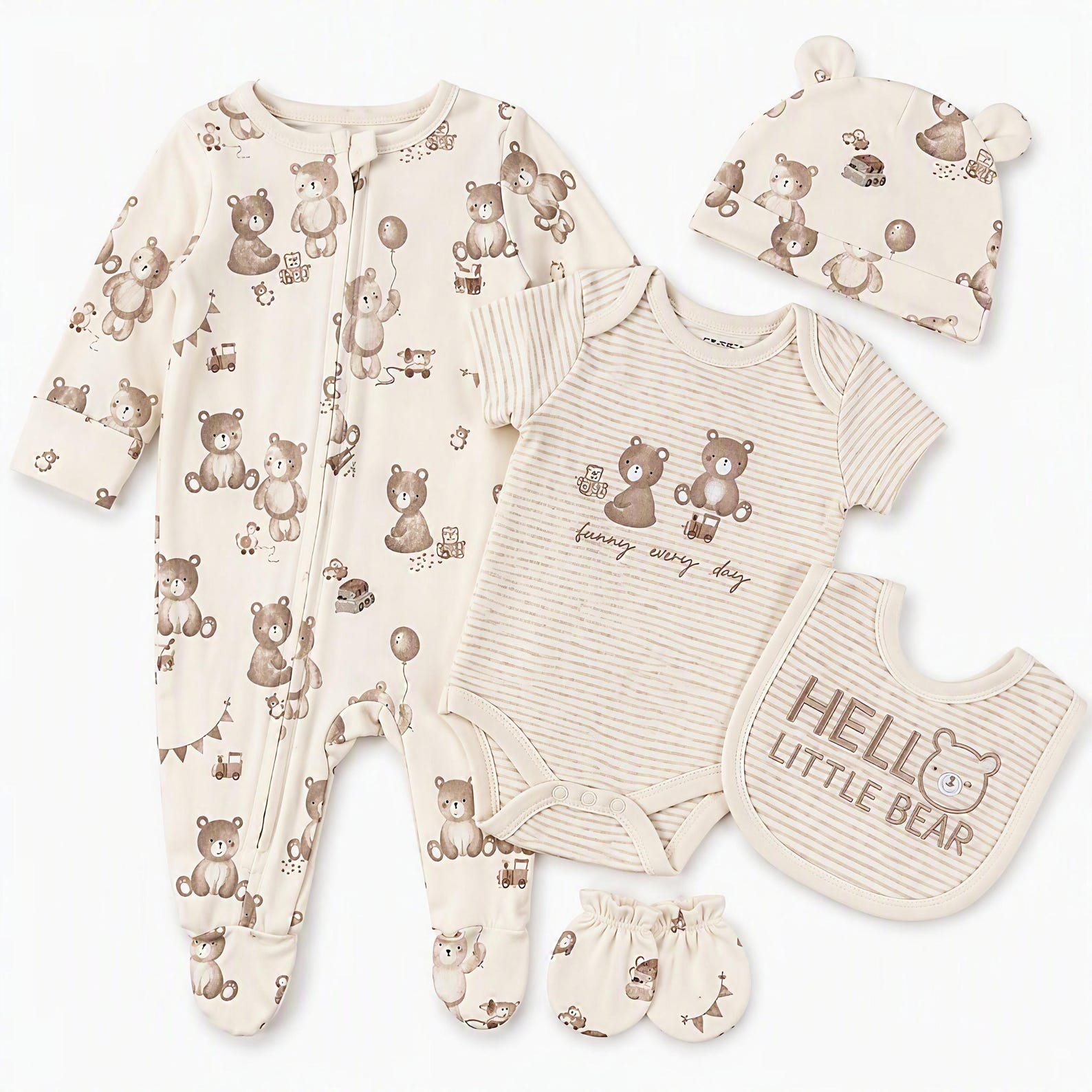 Erstausstattung-Set «Hello Little Bear» Creme 5-teilig | sunnozy Babykleidung Schweiz