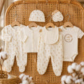 Erstausstattung-Set «Hello World» Creme mit Blätter-Print 8-teilig | sunnozy Babykleidung Schweiz